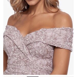 XSCAPE off-the-shoulder lace gown
